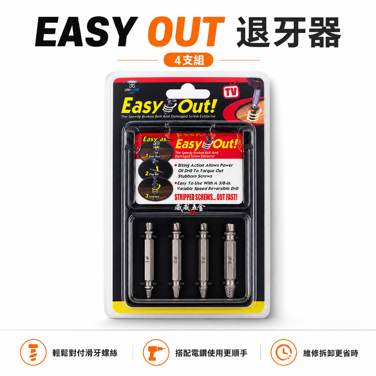 EASY 黑色盒子+4PCS｜倒牙螺絲快速提出器 6.35mm六角柄鑽頭+退牙器4支 六角軸反牙螺絲損壞拆卸器