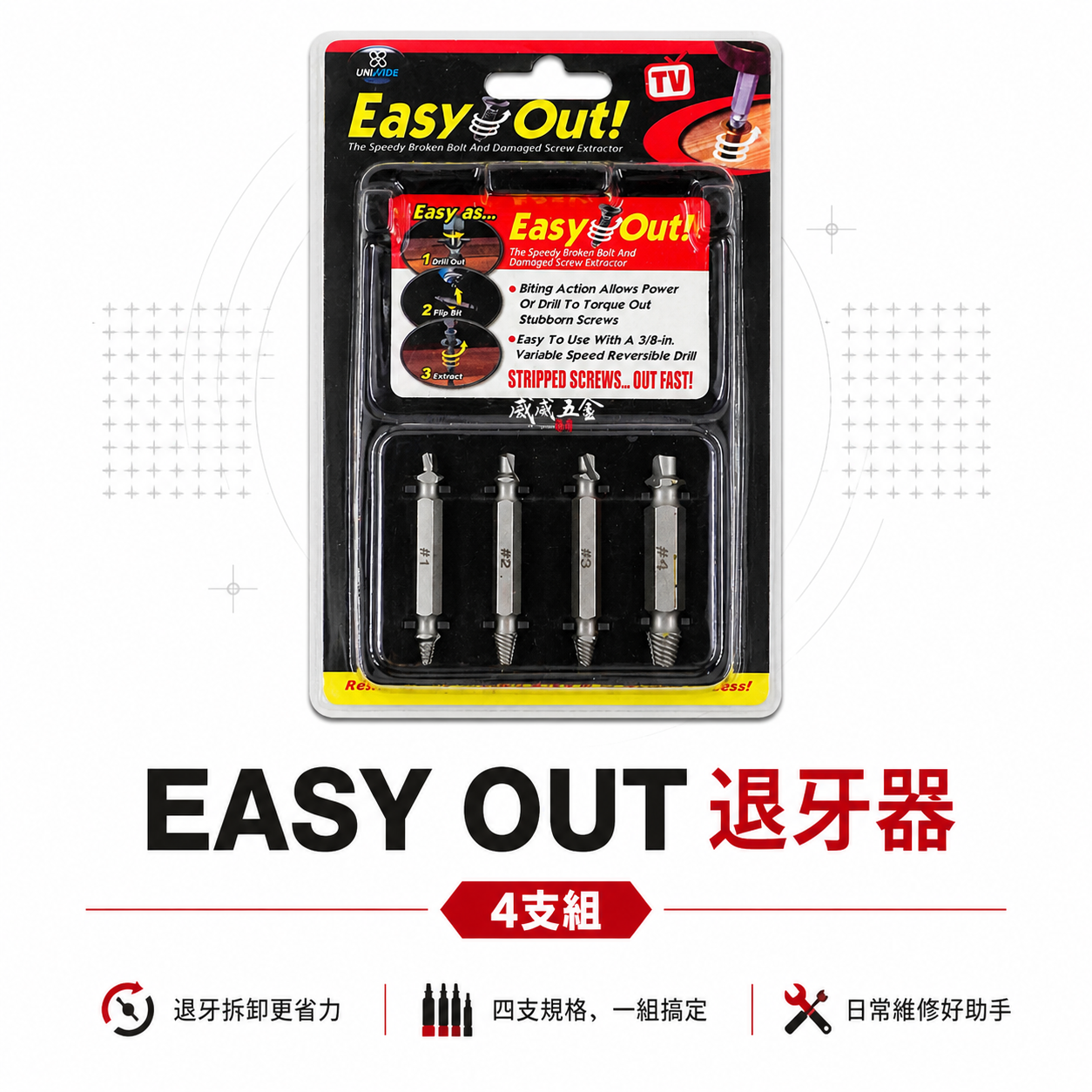 EASY 黑色盒子+4PCS｜倒牙螺絲快速提出器 6.35mm六角柄鑽頭+退牙器4支 六角軸反牙螺絲損壞拆卸器