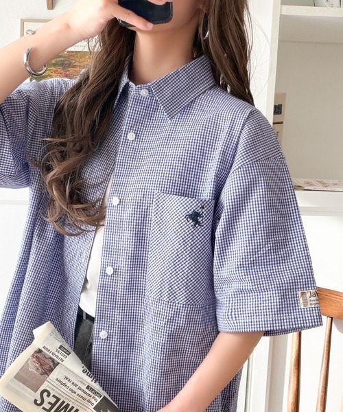 日本🇯🇵連線 JAVA 胸前口袋刺繡格子短袖襯衫 男女可穿 寬鬆 美式 格子 條紋 落肩 短袖 襯衫 5色(任買兩件711免運)/預購