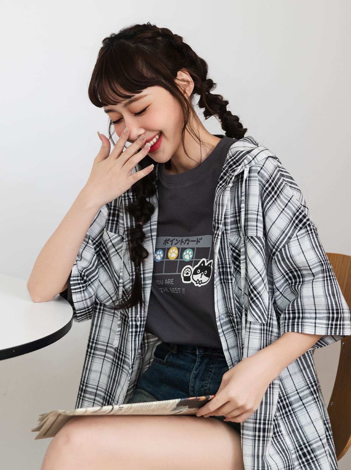 格子連帽短袖襯衫