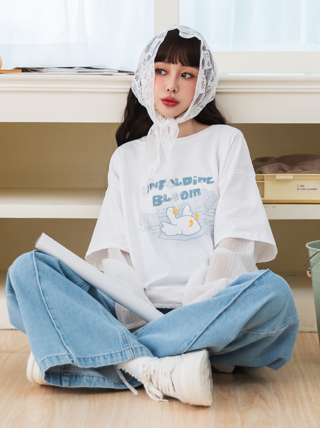 奈奈子花朵假兩件T恤