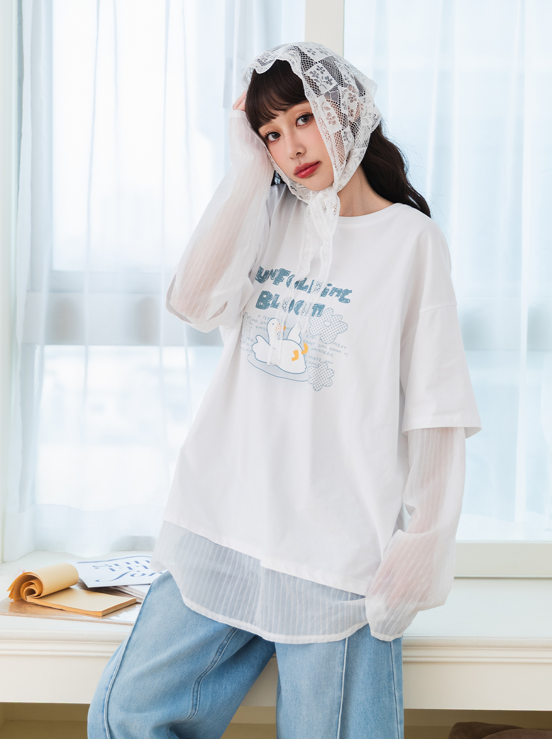 奈奈子花朵假兩件T恤