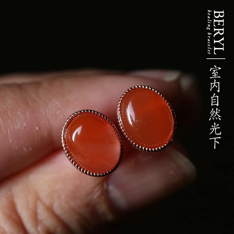 四川天然精品聯合料南紅瑪瑙純銀鍍金耳環