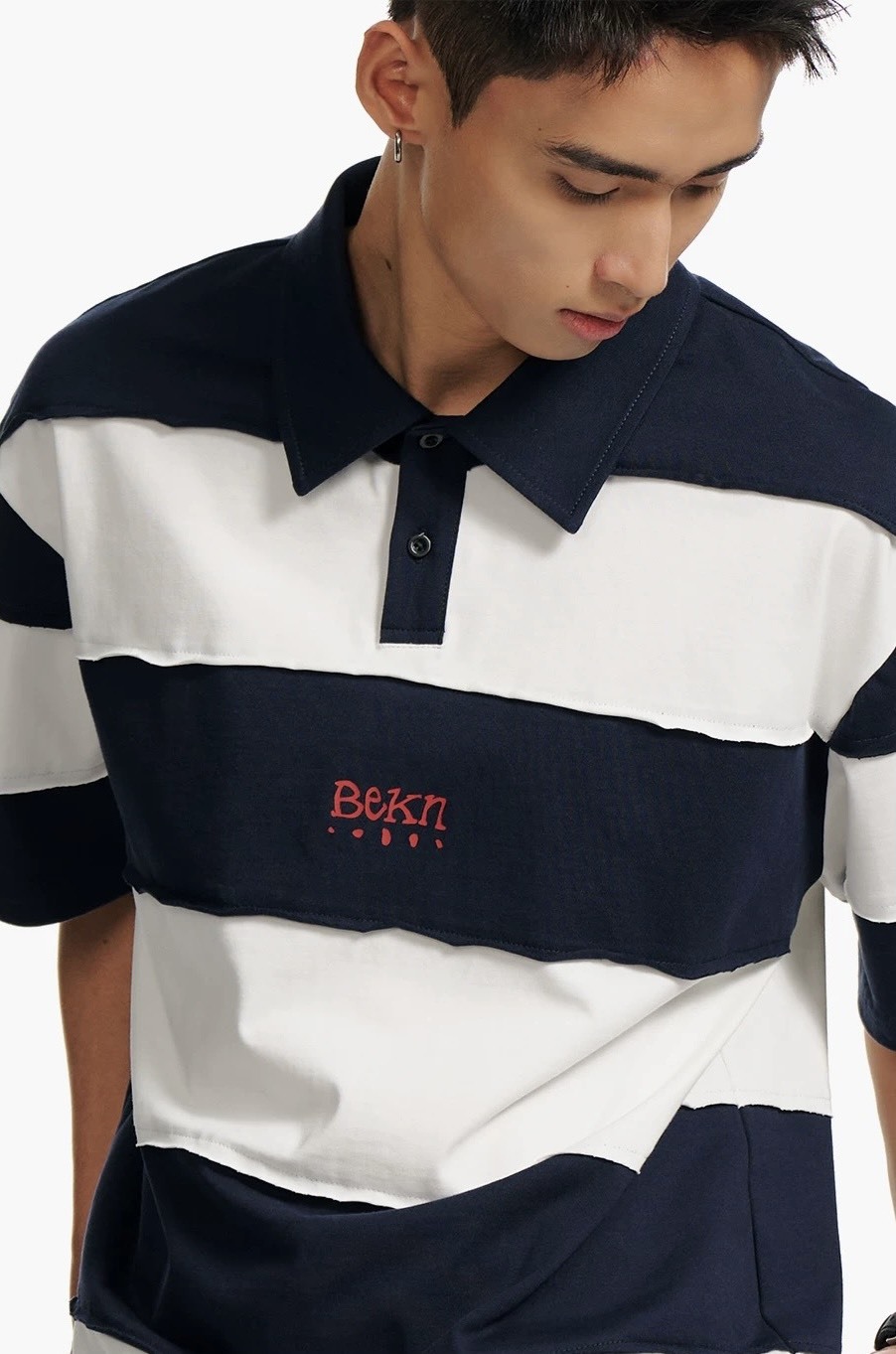 #預購 BELLKENIDEA 美式復古 撞色拼接條紋POLO領 休閒百搭短踢 兩色 BK390