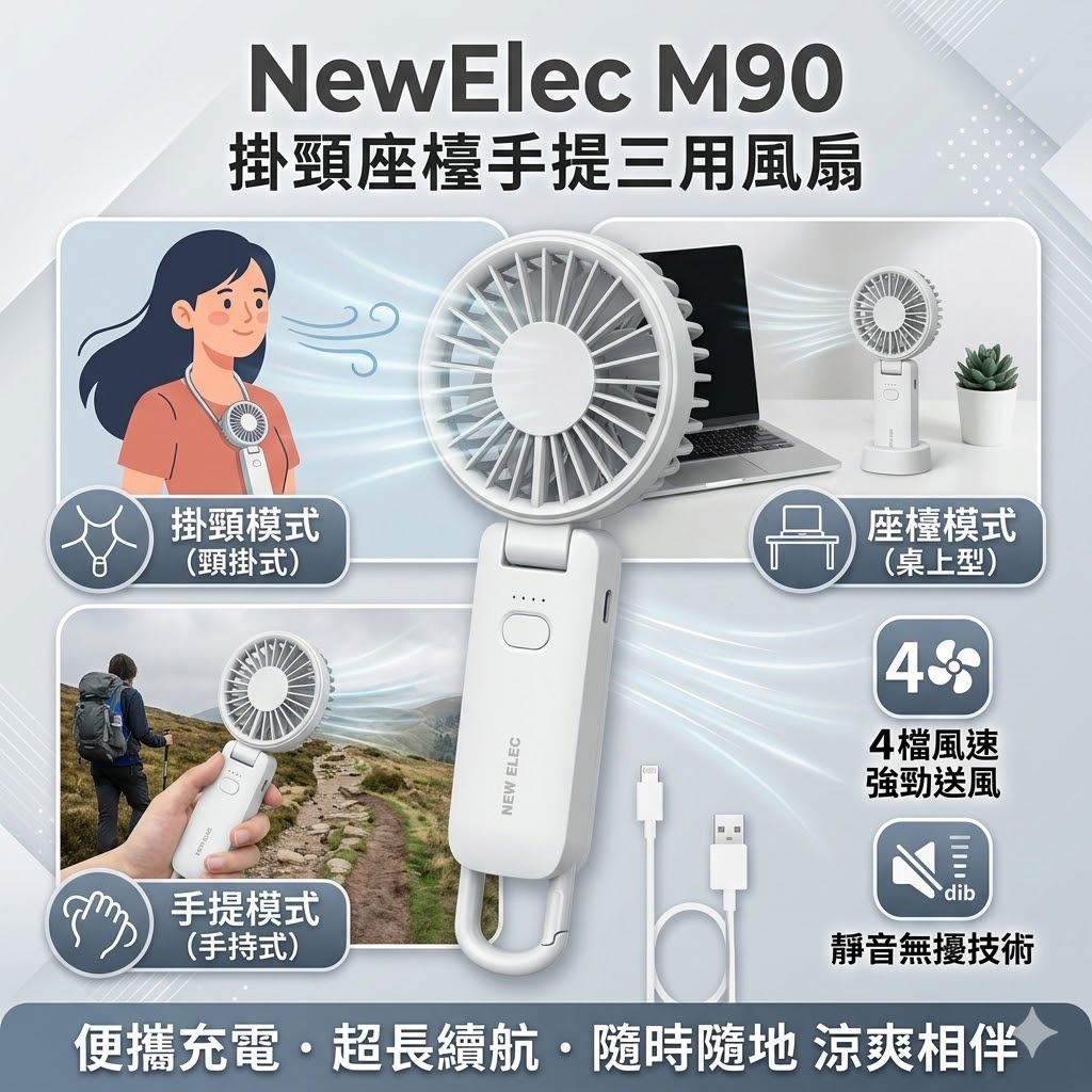 【直播】ON050405 NewElec M90 掛頸座檯手提三用 4檔風速靜音風扇