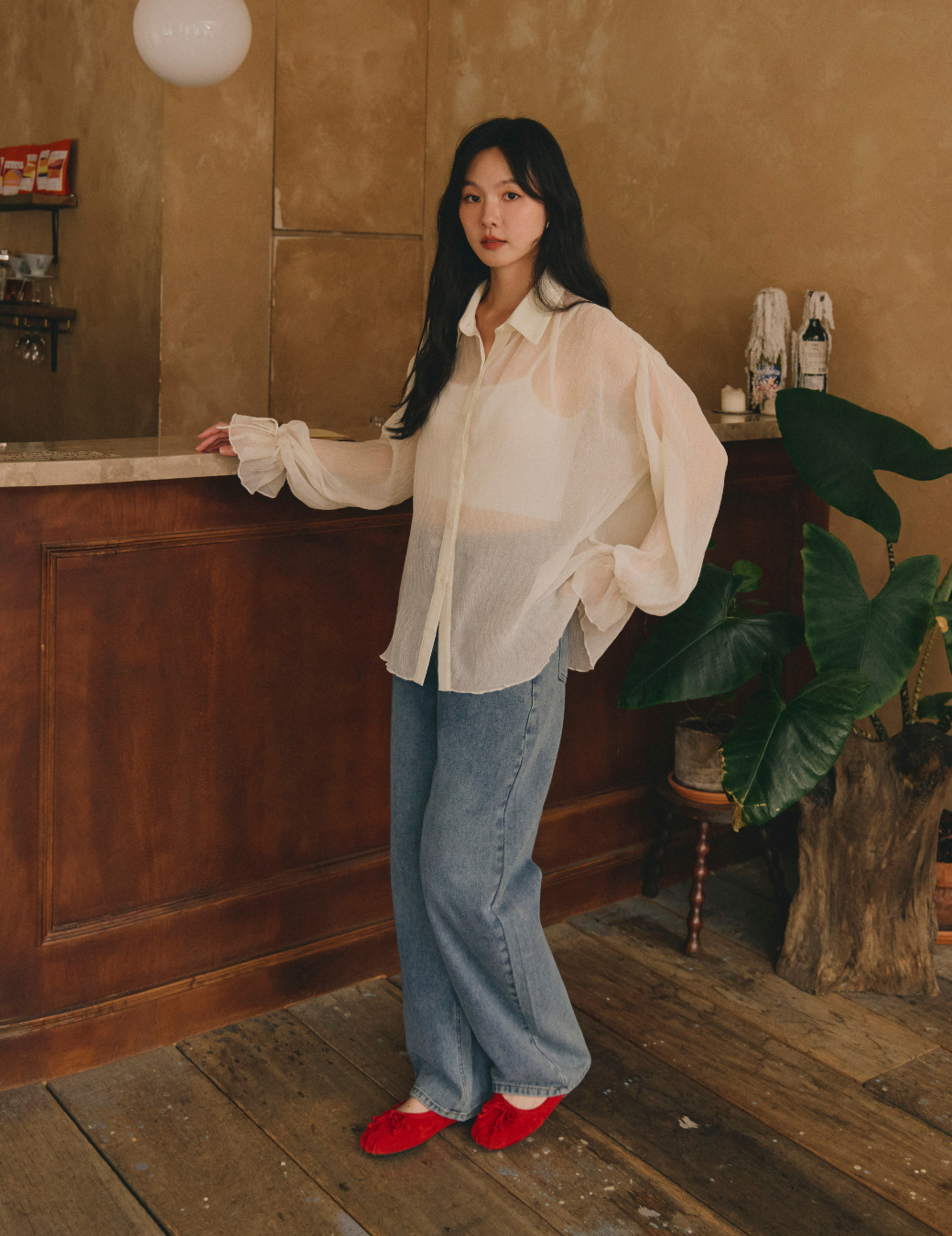透紗水波紋束口襯衫
