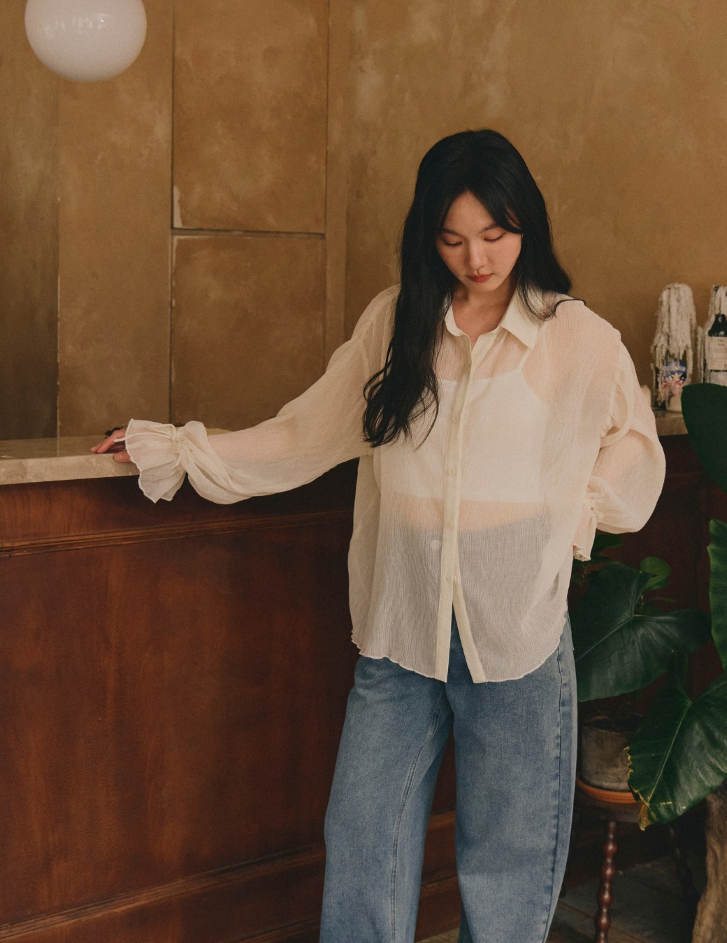 透紗水波紋束口襯衫