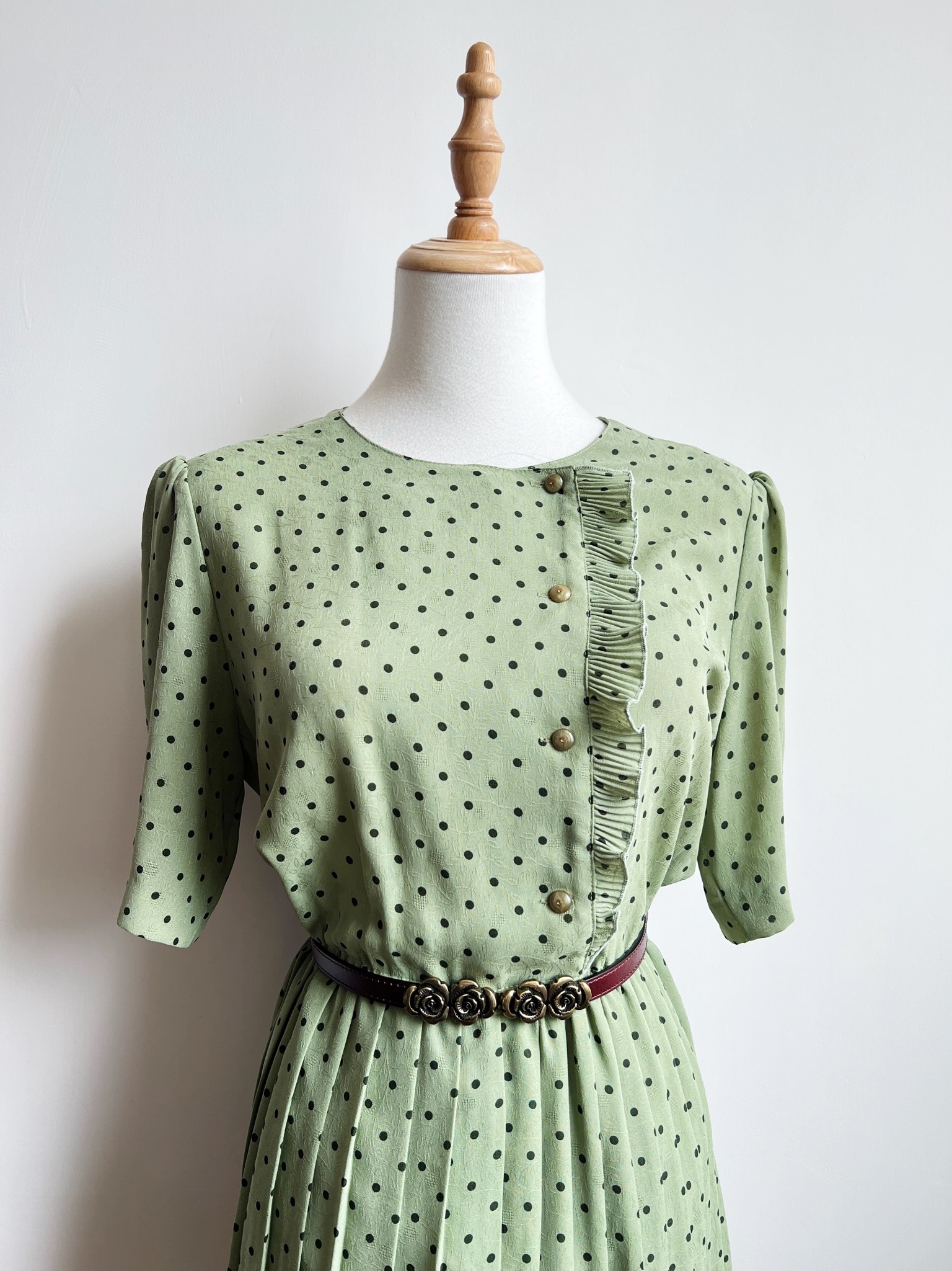 日本製青蘋果綠波點古著連身裙