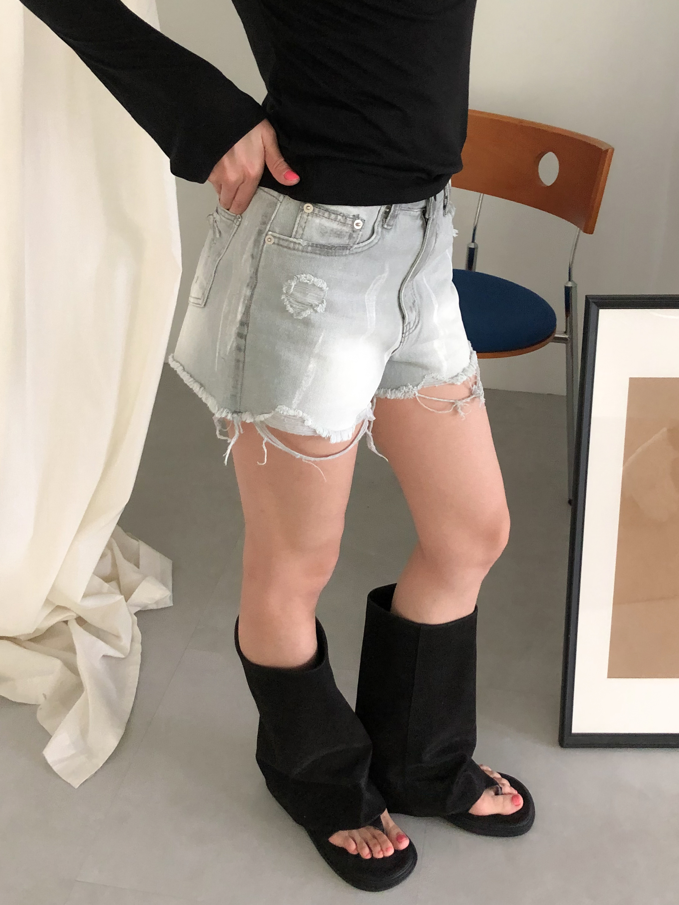 dirty wash denim shorts #短褲