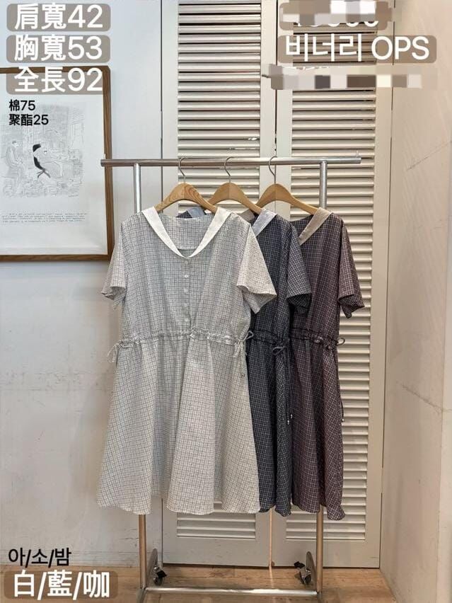 FA6219 學院風束腰水手翻領格紋連身裙