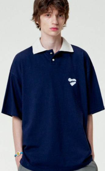 CR260504-R55 HEART BEAT COLLAR T-SHIRTS (NAVY)