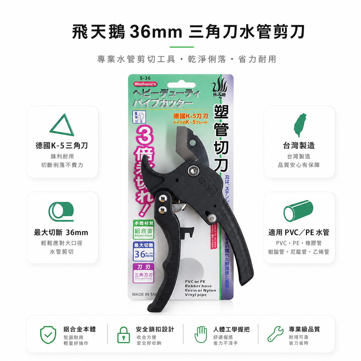 台灣製 飛天鵝｜36mm 德國K-5 三角刀刃 棘輪式快速退刀水管剪刀 塑膠管切刀 PVC管切管刀｜S-36