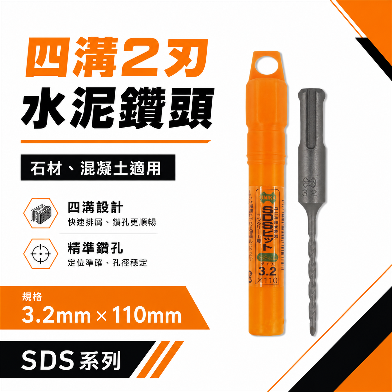 UNIKA 日本｜規格3.2mm 長110mm｜四溝水泥鑽頭 SDS 四溝2刃水泥鑽尾 免出力電鑽用 兩刃 石材混凝土用