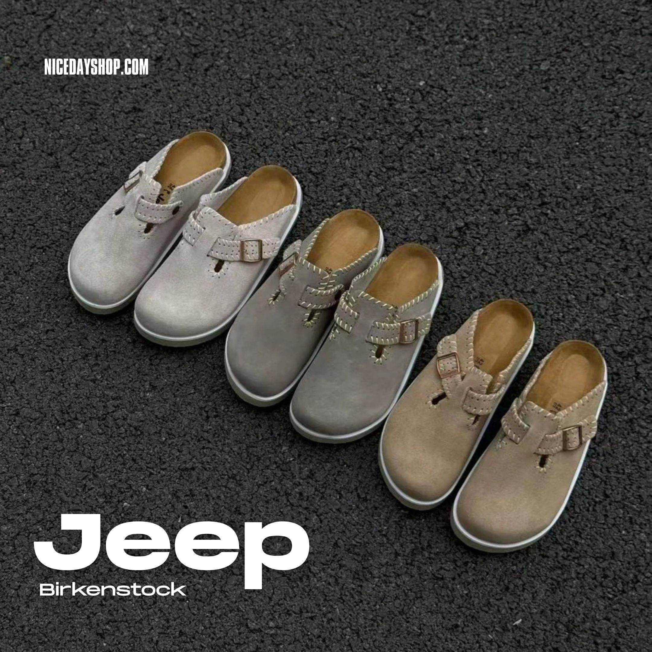 NICEDAY 代購 JEEP 吉普 勃肯 白灰 卡其 灰褐色 潮流 軟底 外車線 防滑 包頭 拖鞋