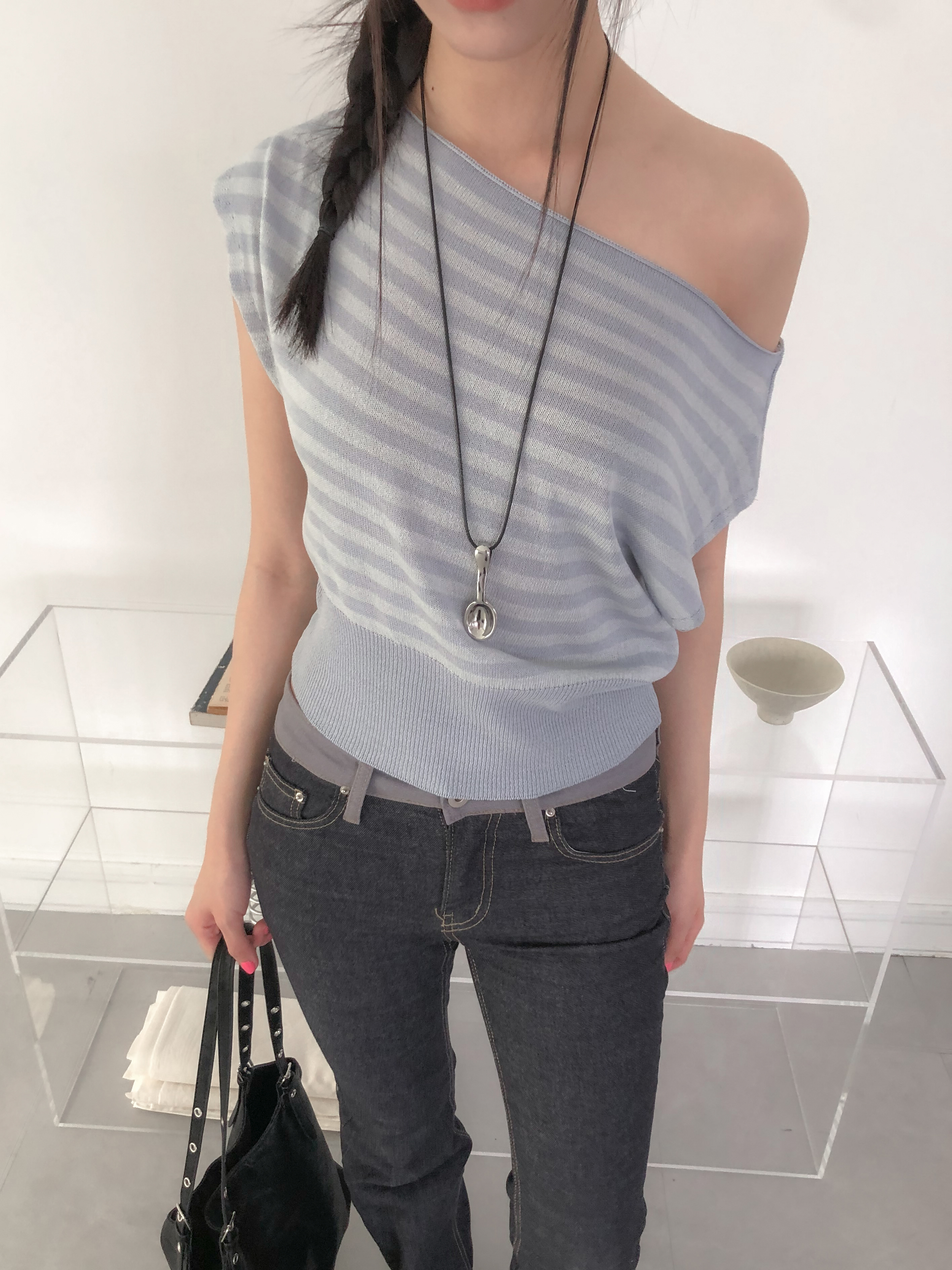 drop shoulder stripe knit #上衣
