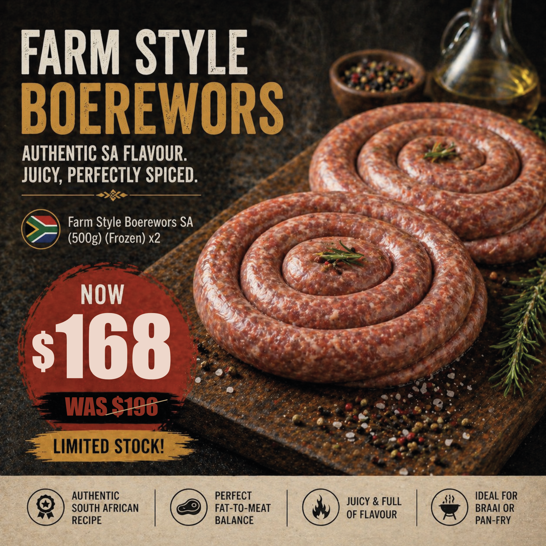 2 X Farm Style Boerewors SA (500g) (Frozen)