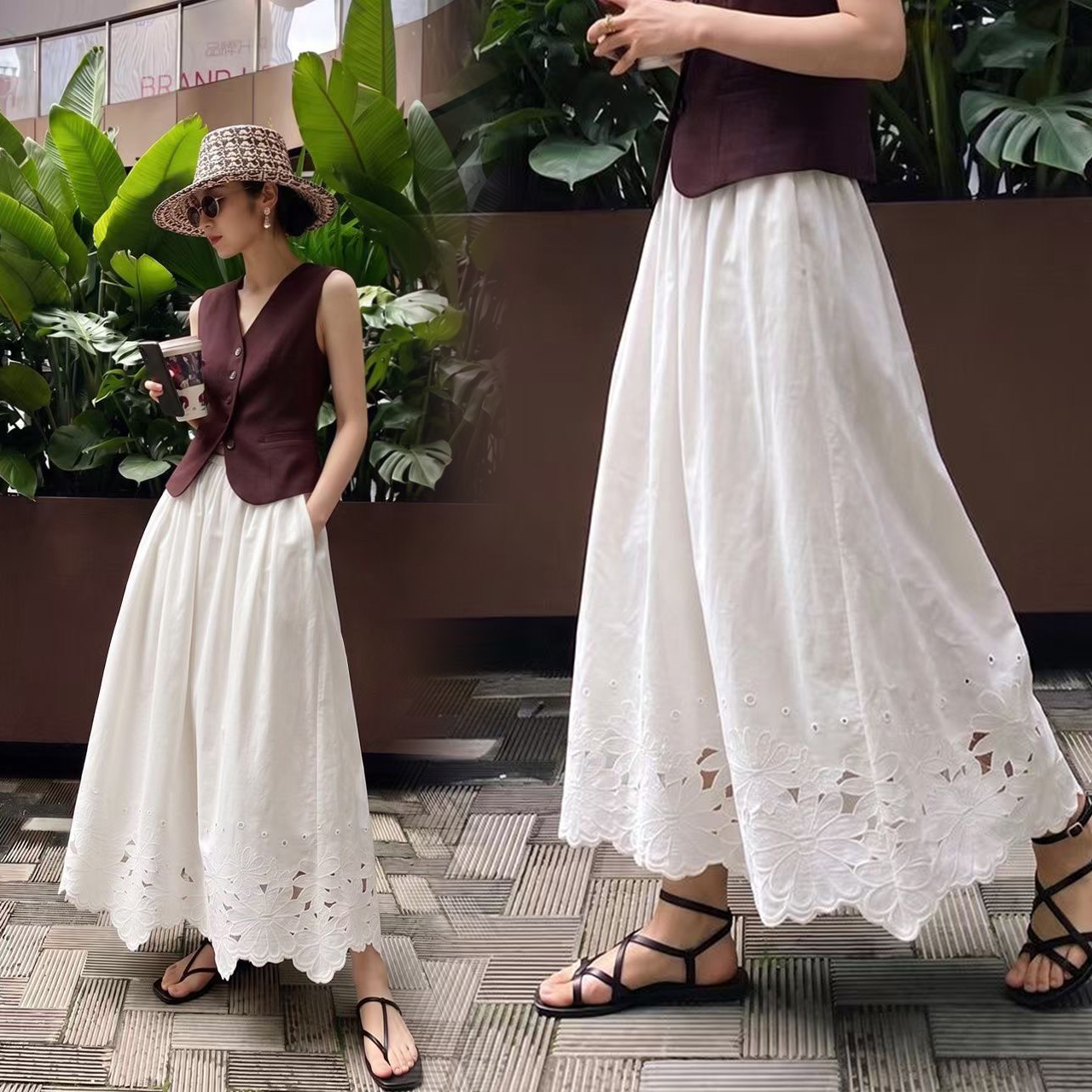 雲朵白下擺雕花布蕾絲傘擺長裙-S-XL (Elegant & Love)