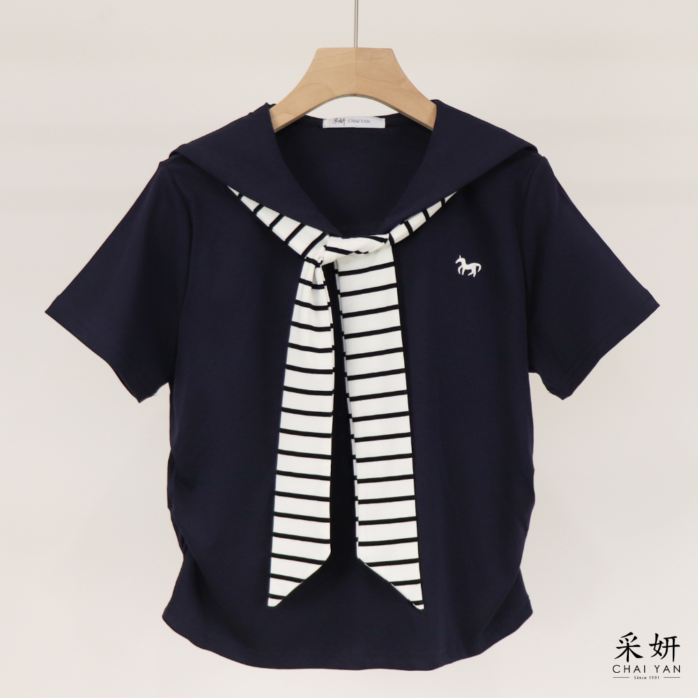 獨角獸刺繡海軍領短袖上衣