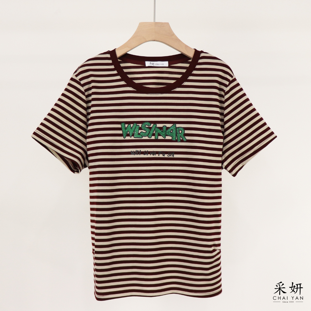 水鑽字母高彈橫條短袖上衣