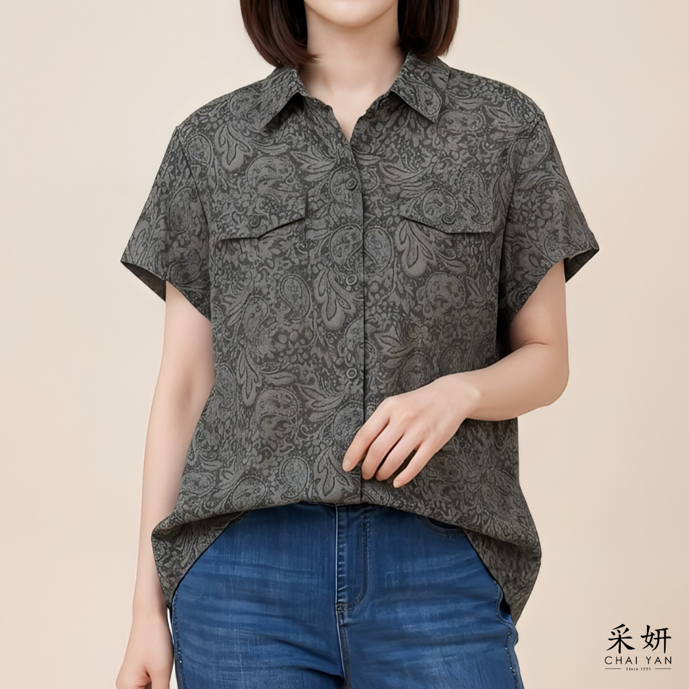 假口袋棉麻短袖襯衫