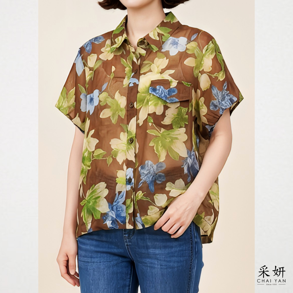 口袋花朵棉麻短袖襯衫