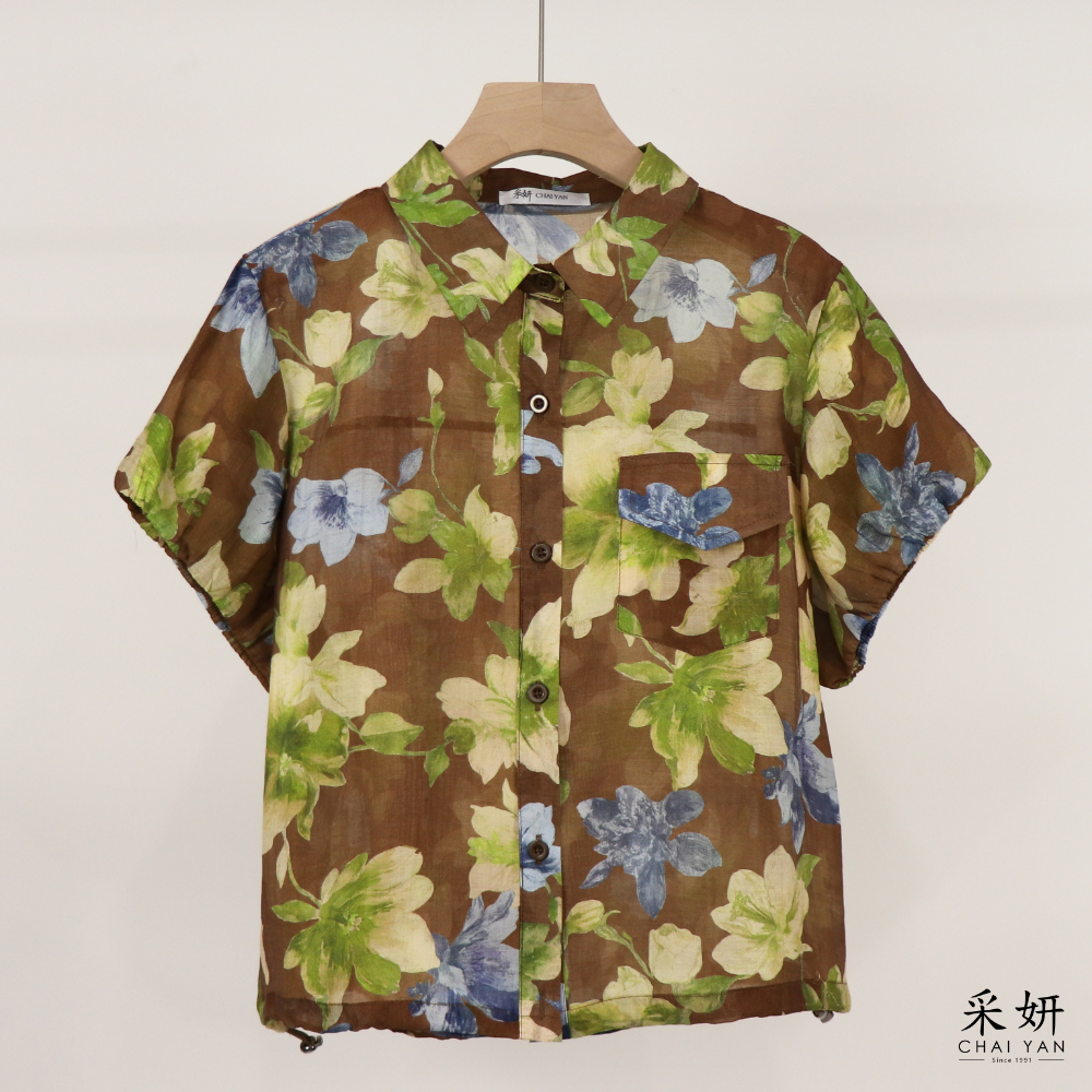 口袋花朵棉麻短袖襯衫