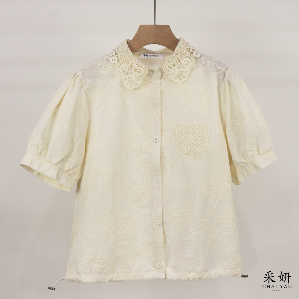 蕾絲刺繡拼接短袖襯衫