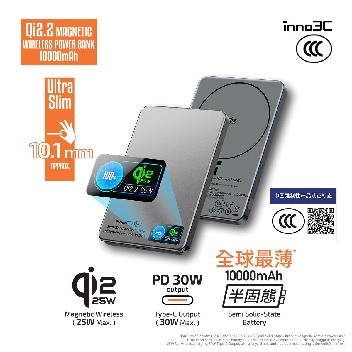 [ CCC 3C 認證 ] M17 qi2.2半固態超薄磁吸無線充移動電源 10000mAh