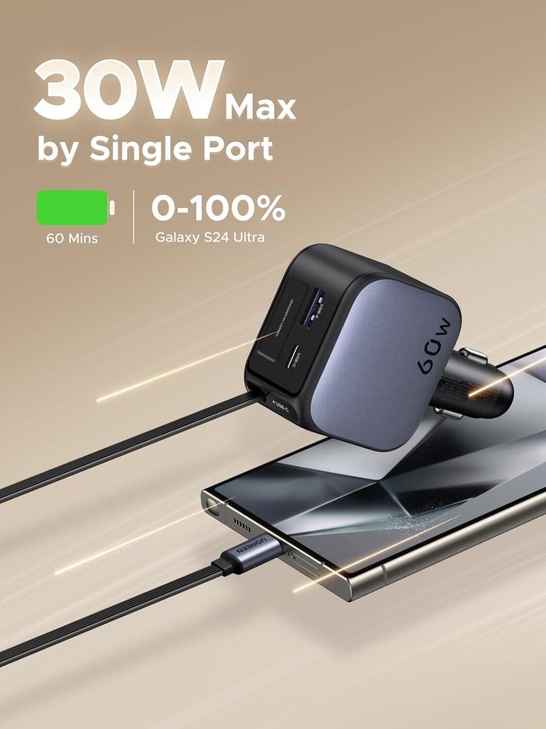 UGREEN - Nexode 145W 3位車用充電器連伸縮USB-C線 55910B-EC604