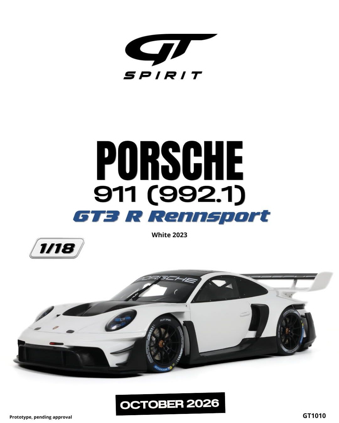 預訂 (訂金$300) (預訂價$801):1/18 GT SPIRIT PORSCHE 911 (992.1) GT3 R RENNSPORT WHITE 2023 (GT1010)