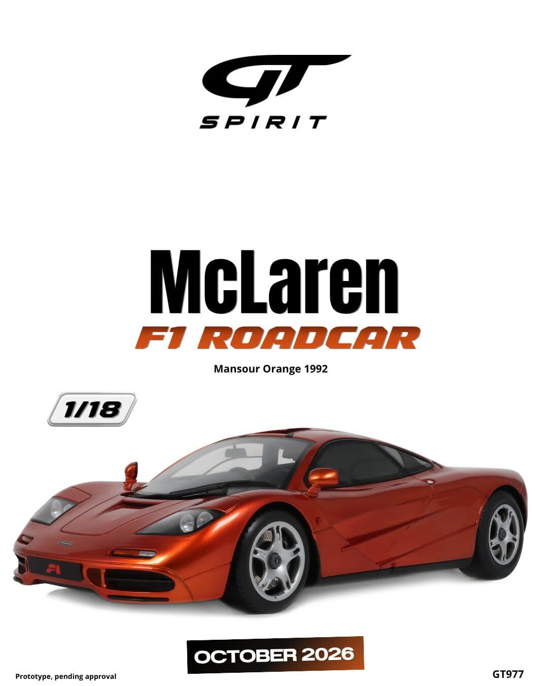 預訂 (訂金$300) (預訂價$801):1/18 GT SPIRIT MCLAREN F1 ROADCAR MANSOUR ORANGE 1992 (GT977)