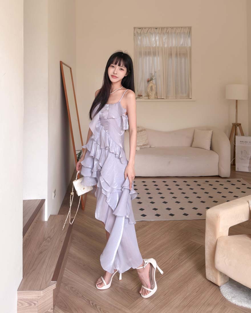 LINA LINA仙女光韻層次荷葉蛋糕斜擺絲光洋裝-夢幻紫