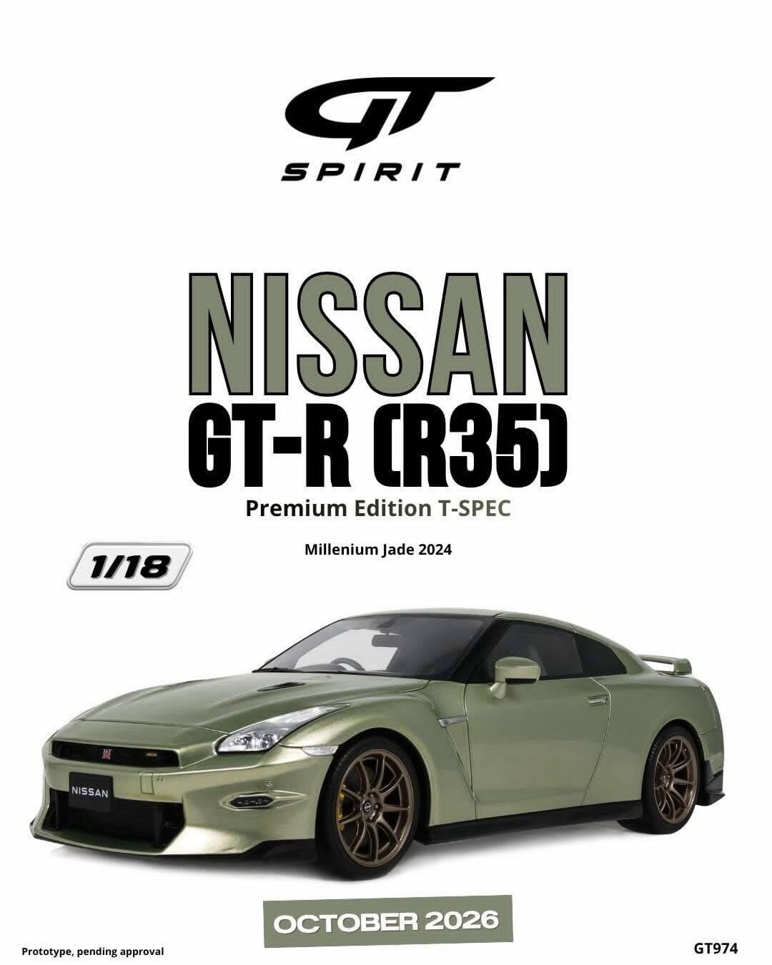 預訂 (訂金$300) (預訂價$801):1/18 GT SPIRIT NISSAN GT-R (R35) PREMIUM EDITION T-SPEC MILLENNIUM JADE 2024 (GT974)