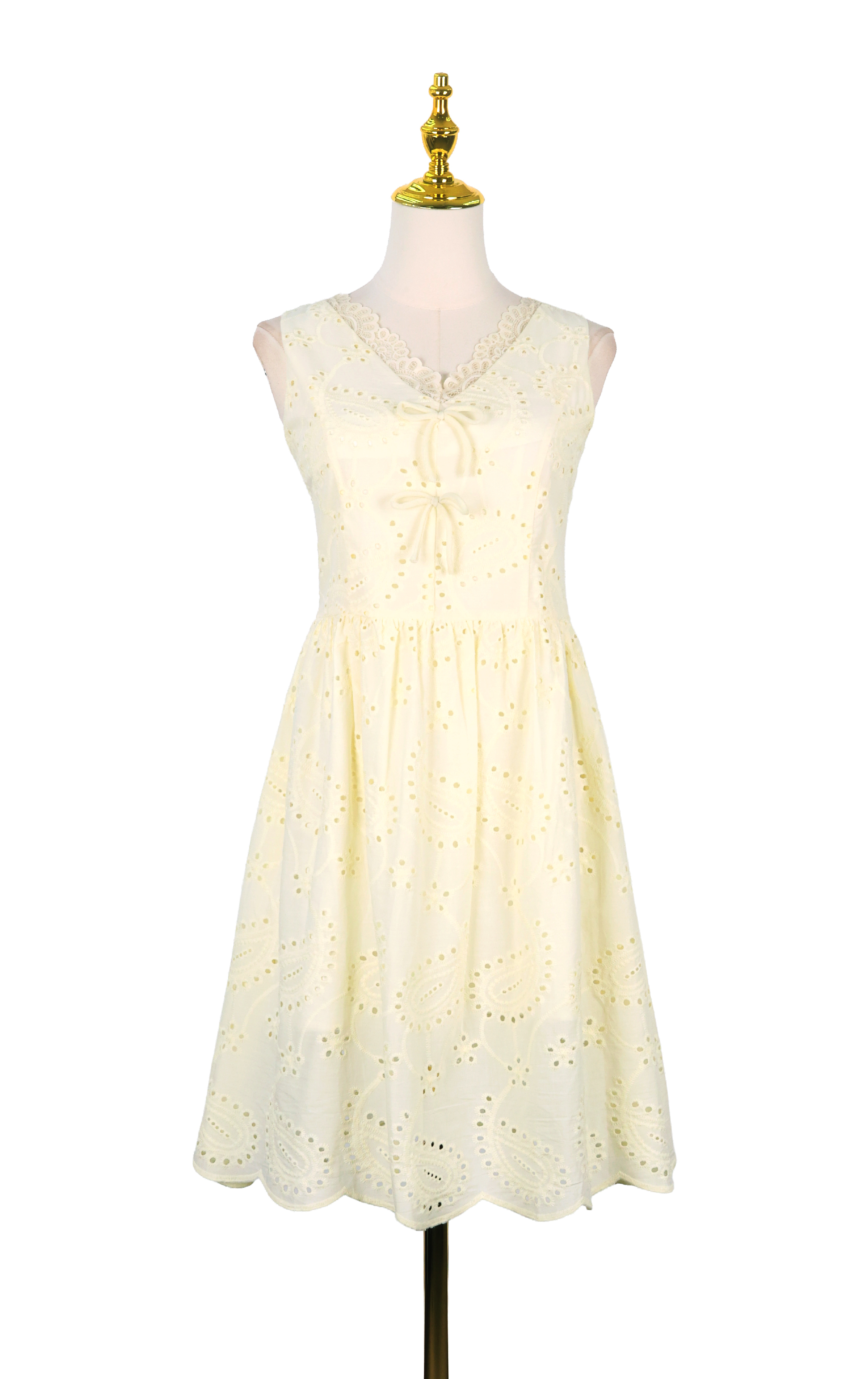 V-Neck Eyelet Lace Bow Dress OP0668