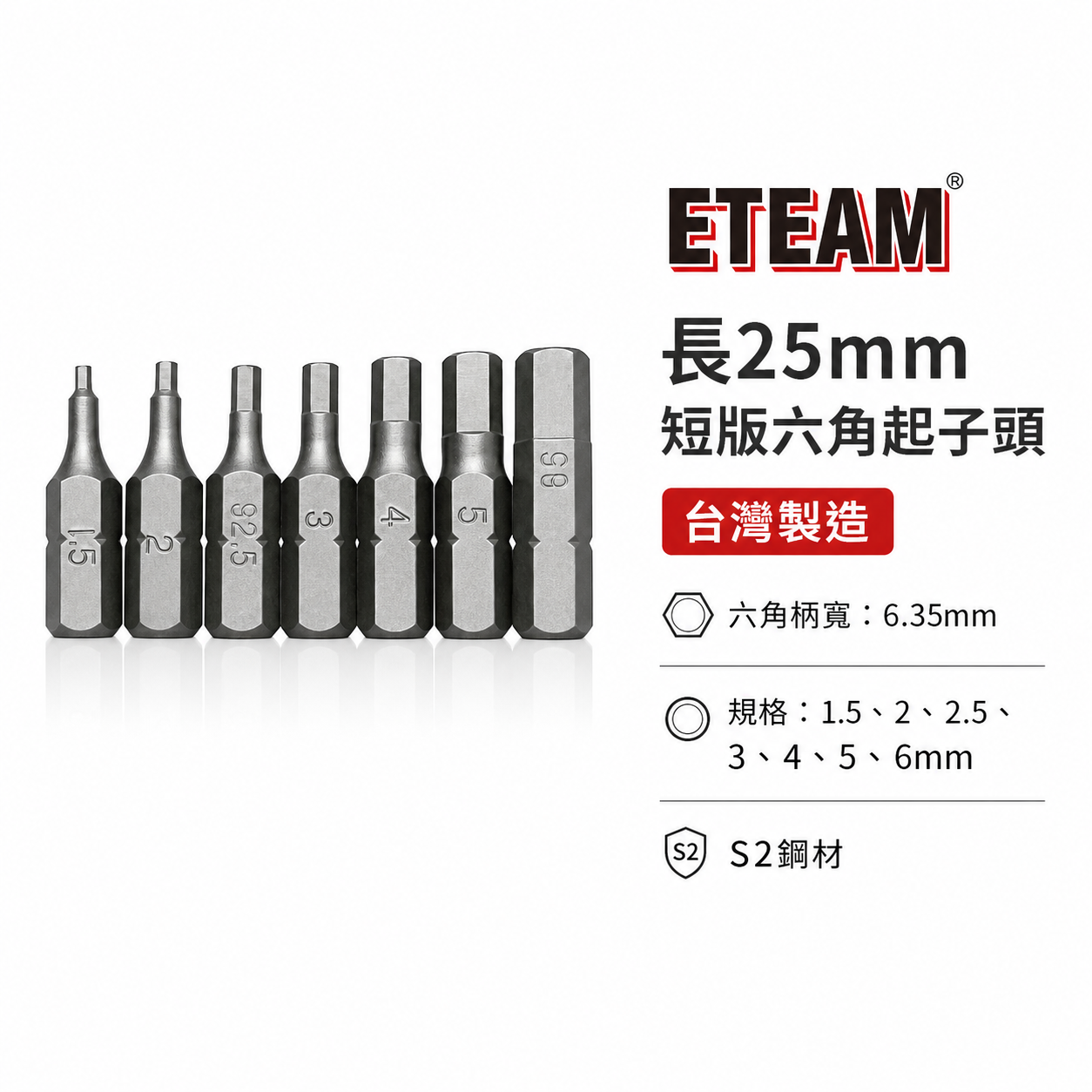 ETEAM 一等｜1.5-6mm 長25mm 短版六角起子頭 六角頭螺絲用 單頭起子頭 S2鋼材｜台灣製