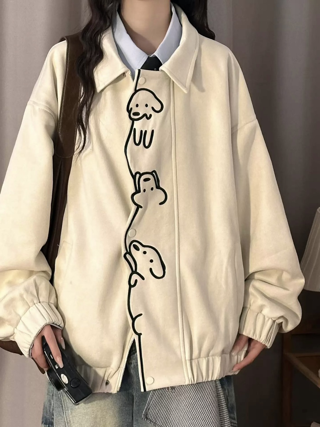 原創 線條刺繡狗狗 立領外套 2色
