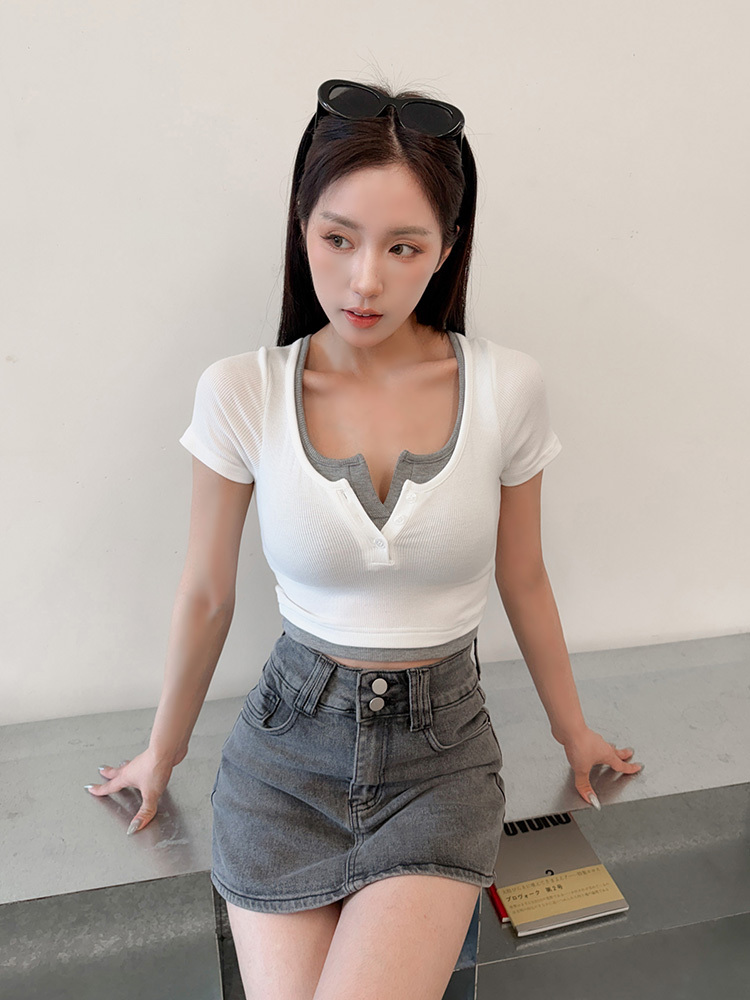 BB爆款升級 ! 假兩件排扣Bra T (4色，有胸墊)