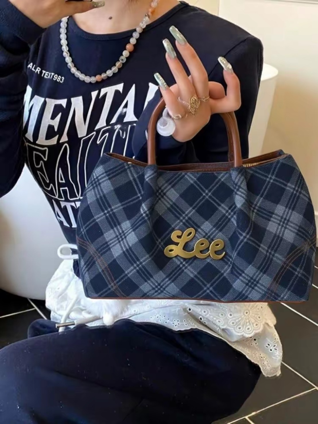 LEE 英倫風 格紋托特包
