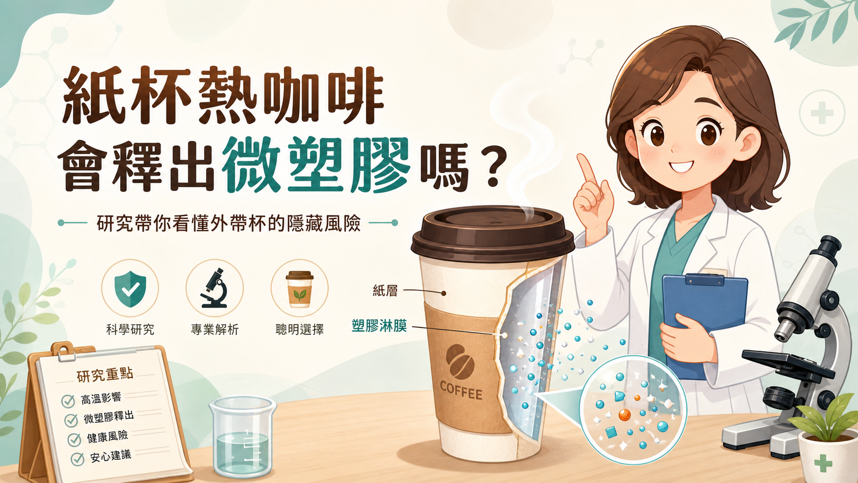 可愛醫療風格插圖，呈現醫師解析紙杯熱咖啡可能因高溫釋出微塑膠，並說明外帶紙杯內層塑膠淋膜的健康風險。