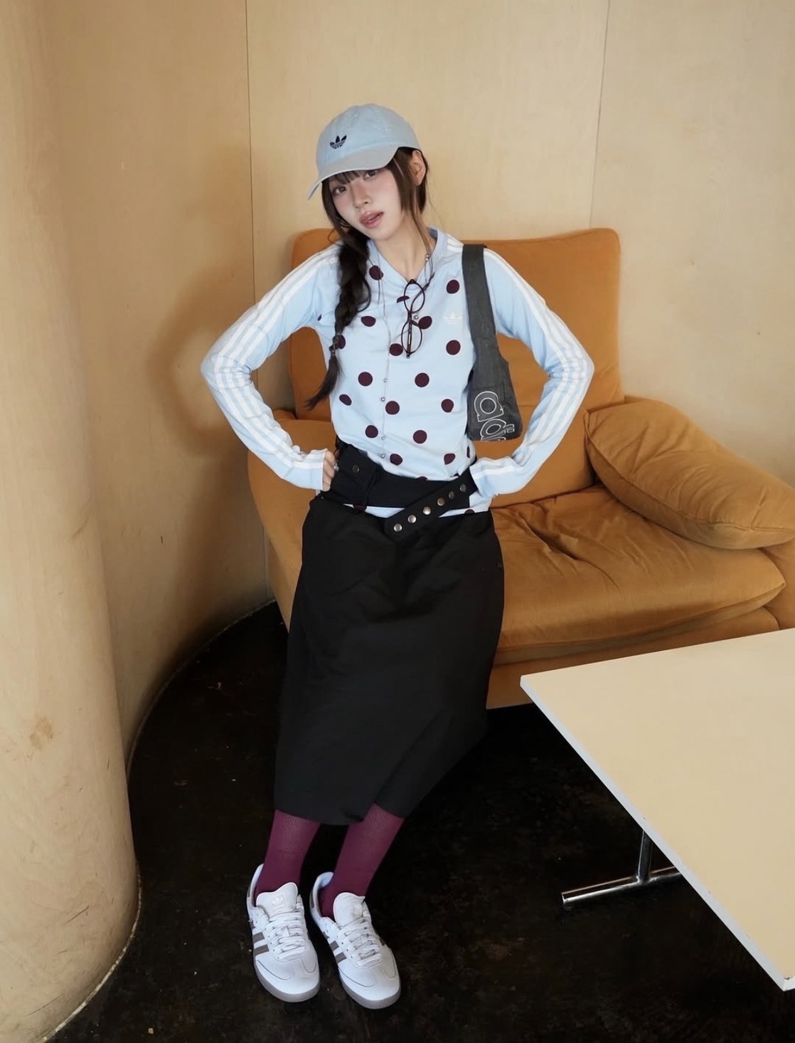 <波點交織😍> Adidas Originals波點修身長袖上衣 白/藍