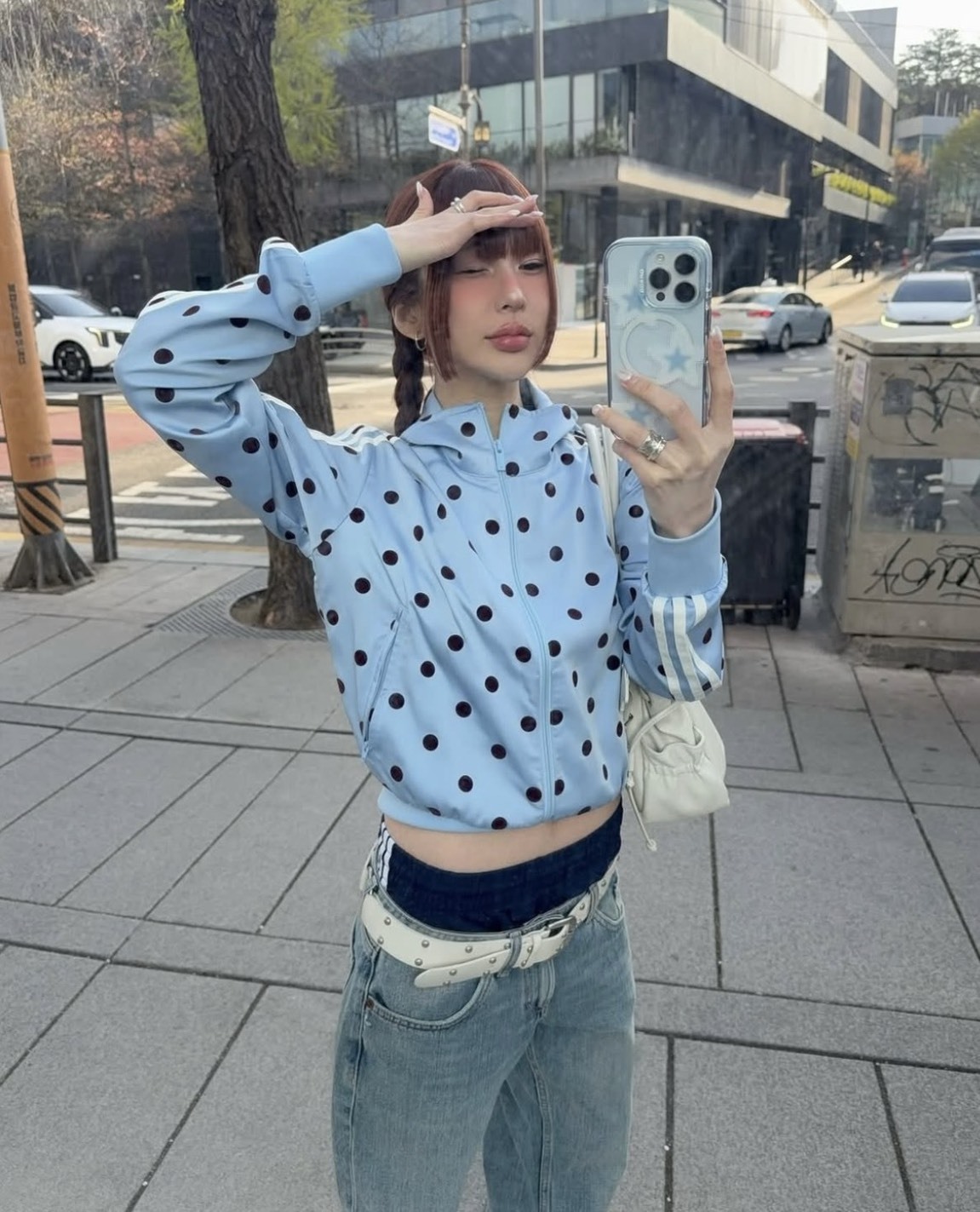 <波點交織😍> Adidas Originals波點修身長袖上衣 白/藍