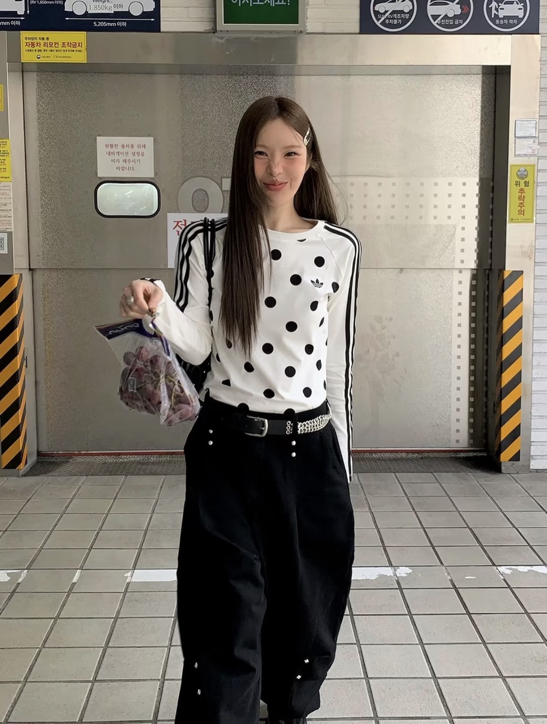 <波點交織😍> Adidas Originals波點修身長袖上衣 白/藍
