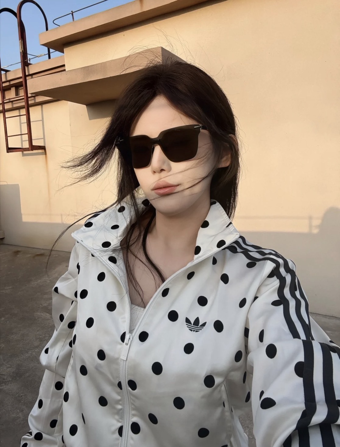 <波點交織😍> Adidas Originals波點修身長袖上衣 白/藍