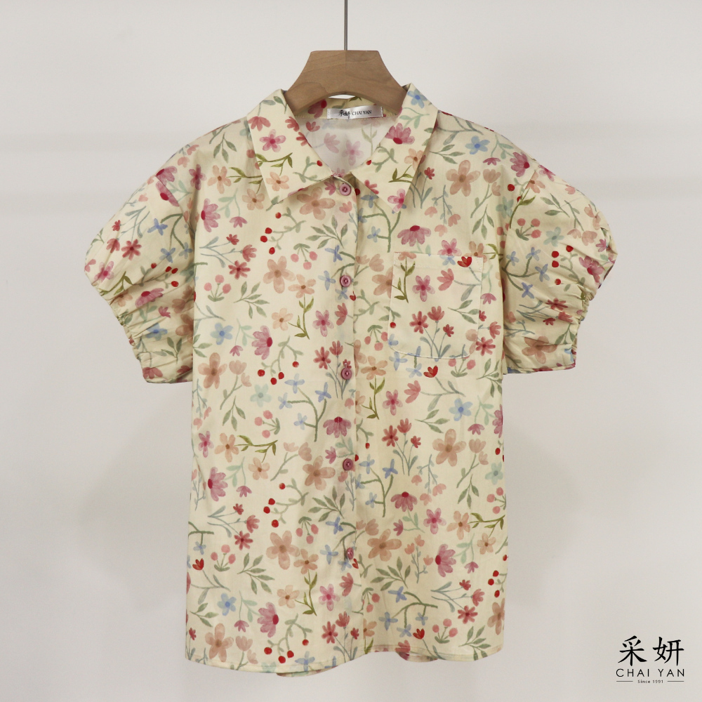 花朵口袋翻領短袖襯衫