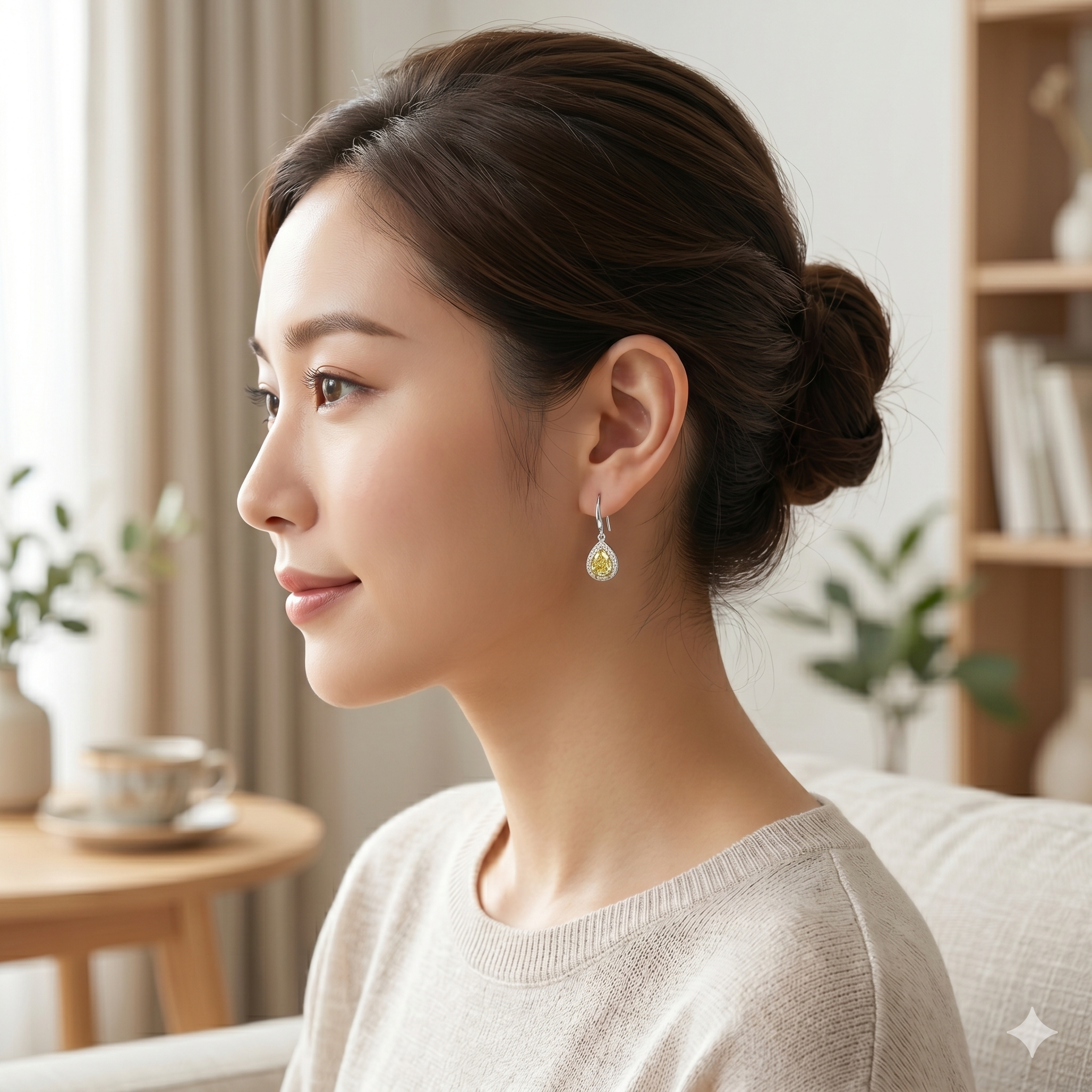 全新18K金【主石1卡10份梨形彩黃鑽石】配小鑽共1卡19份鑽石吊耳環