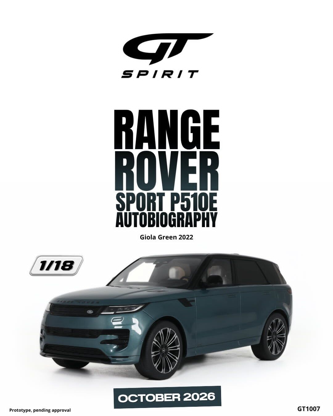 預訂 (訂金$300) (預訂價$801):1/18 GT SPIRIT RANGE ROVER SPORT P510E AUTOBIOGRAPHY GIOLA GREEN 2022 (GT1007)