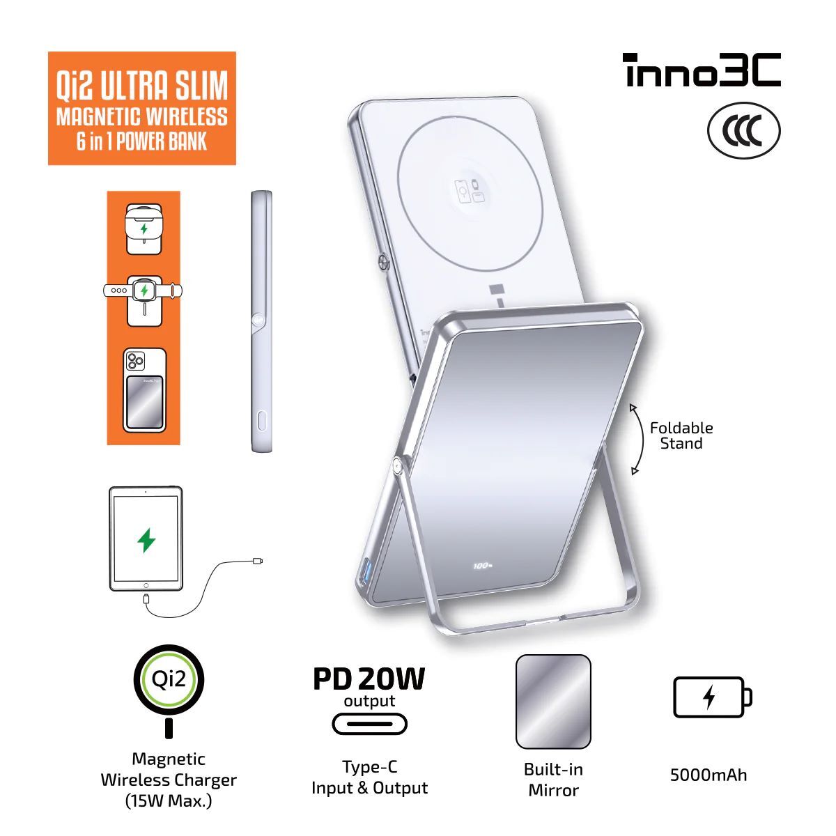 [CCC 3C 認證]  M0U Qi2 鏡面超薄磁吸無線充 6 合 1 移動電源 5000mAh