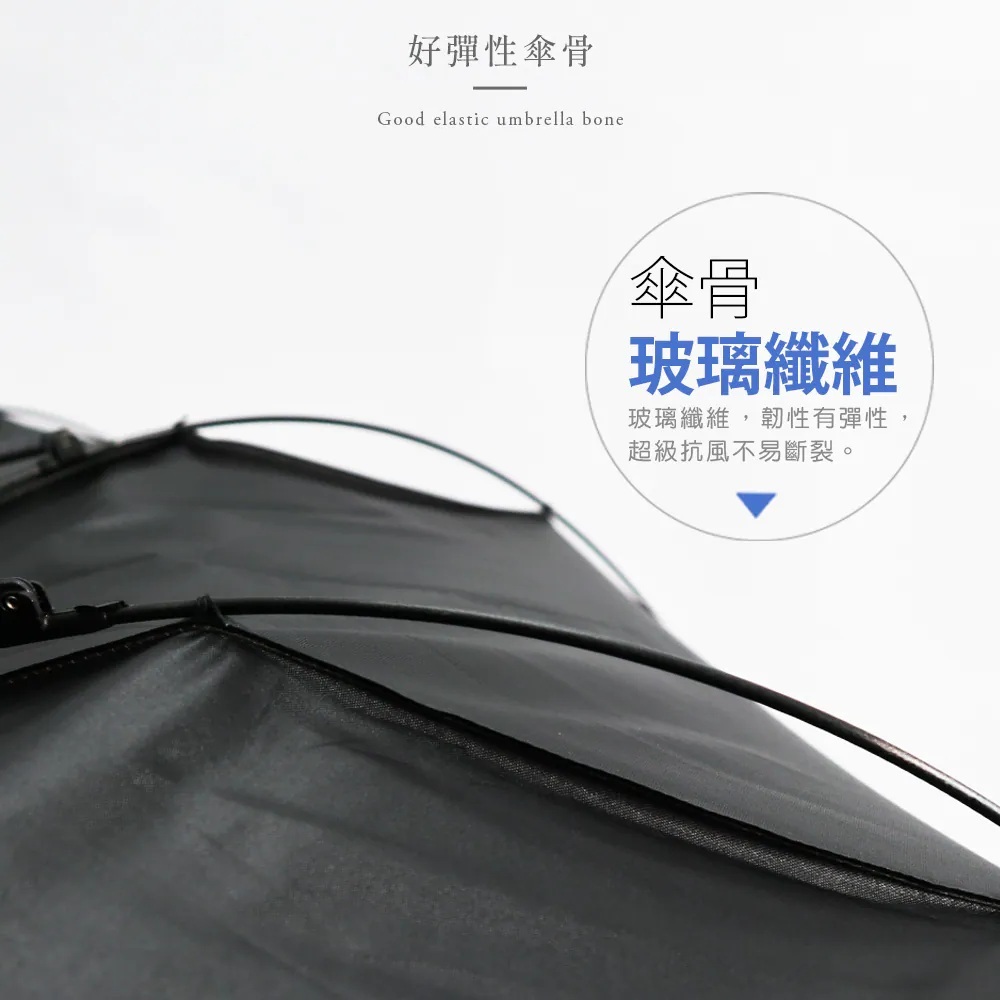 好彈性傘骨 (Good elastic umbrella bone);傘骨 玻璃纖維:韌性有彈性,超級抗風不易斷裂。