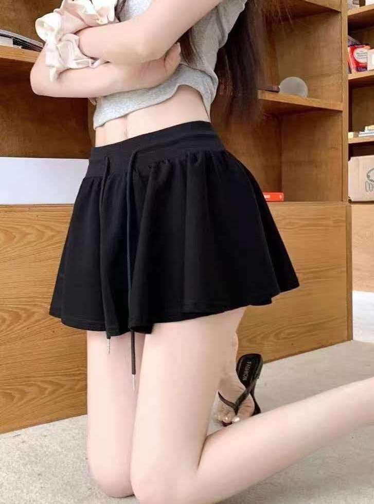 抽繩棉質傘擺短褲裙