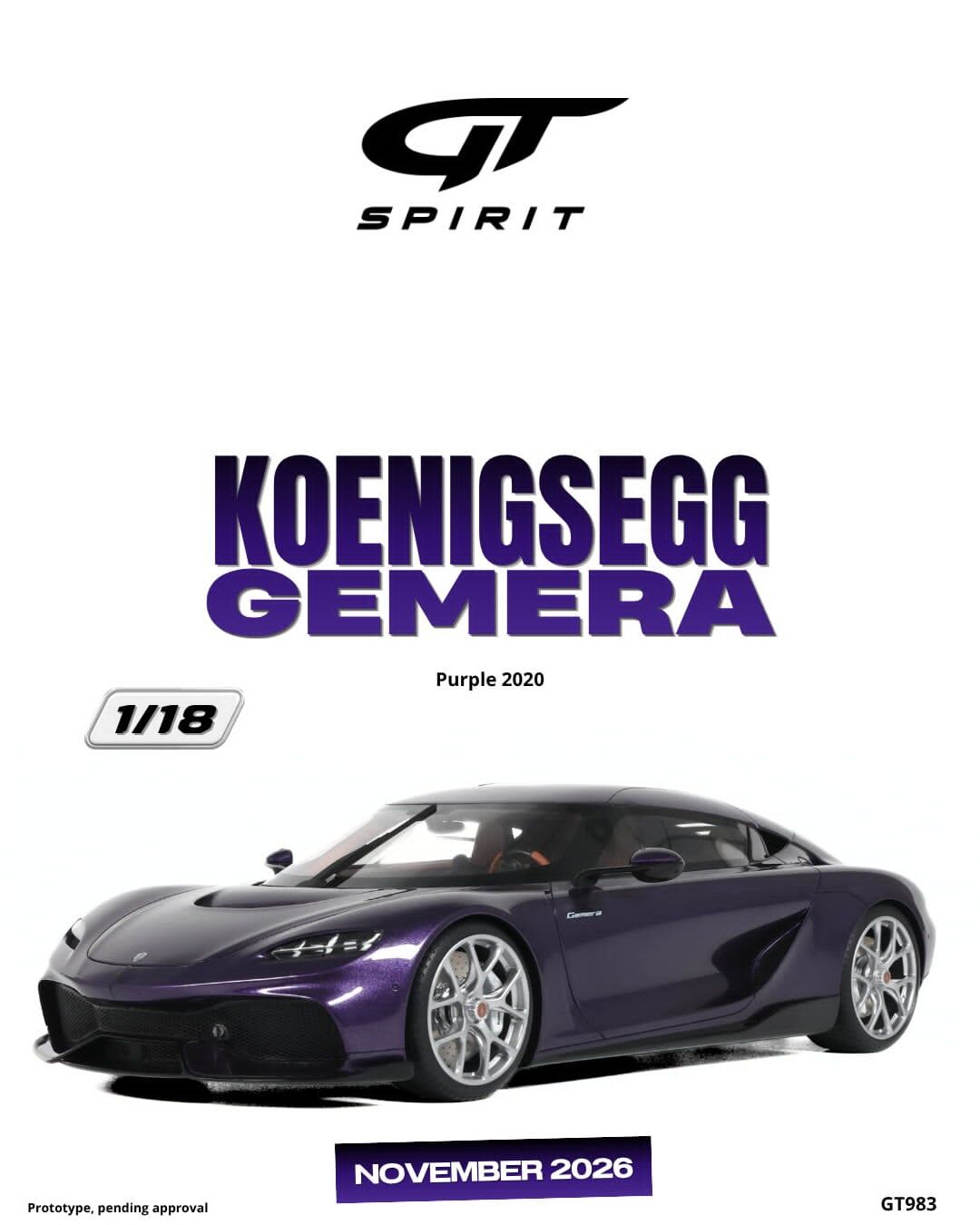 預訂 (訂金$300) (預訂價$801):1/18 GT SPIRIT KOENIGSEGG GEMERA PURPLE 2020 (GT983)